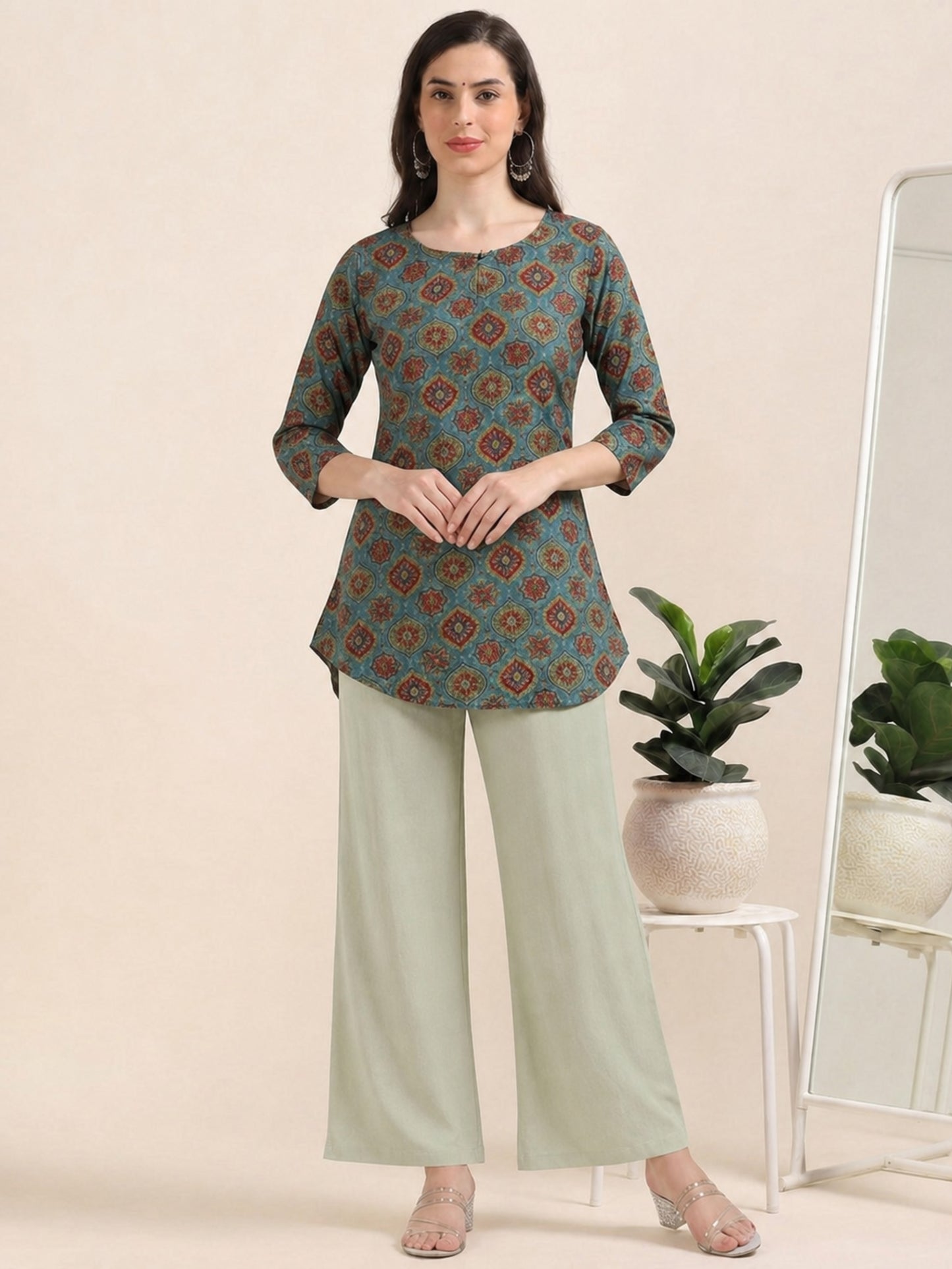 Skyline Charm – Printed Short Blue Cotton Kurti (1NH-6-A16)