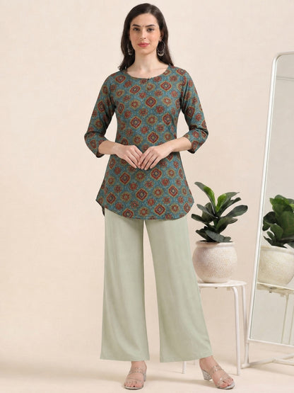 Skyline Charm – Printed Short Blue Cotton Kurti (1NH-6-A16)