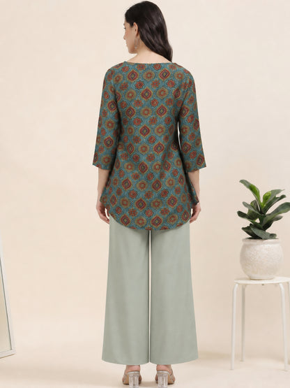 Skyline Charm – Printed Short Blue Cotton Kurti (1NH-6-A16)