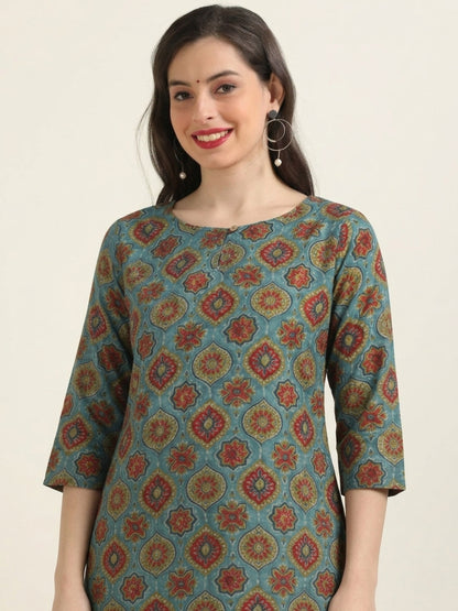 Skyline Charm – Printed Short Blue Cotton Kurti (1NH-6-A16)
