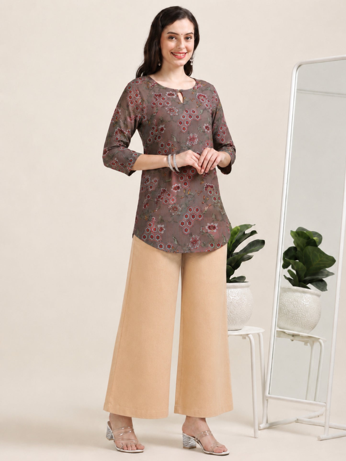 Earthy Muse – Printed Short Brown Cotton Kurti (1NH-1-A17)