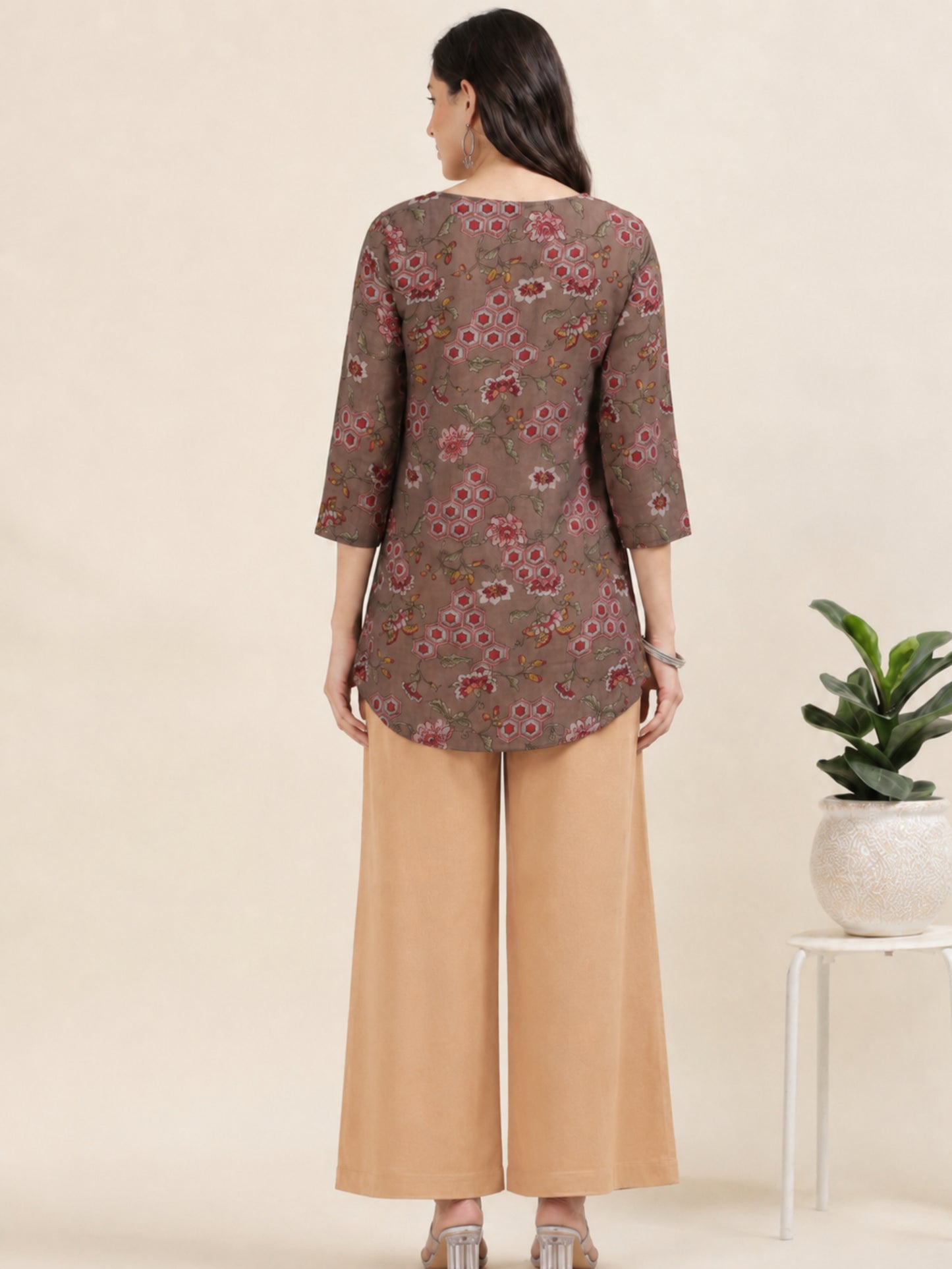 Earthy Muse – Printed Short Brown Cotton Kurti (1NH-1-A17)