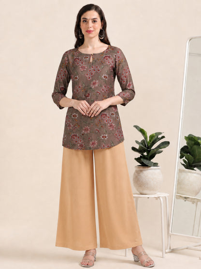 Earthy Muse – Printed Short Brown Cotton Kurti (1NH-1-A17)