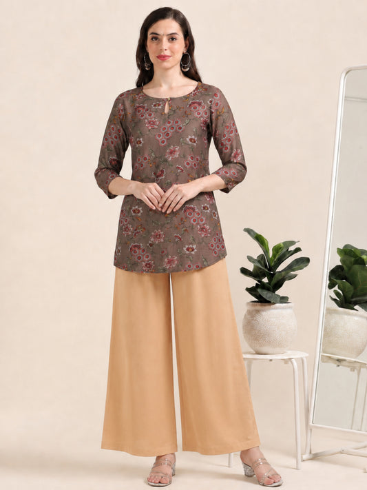 Earthy Muse – Printed Short Brown Cotton Kurti (1NH-1-A17)