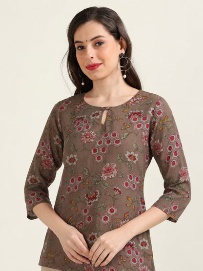 Earthy Muse – Printed Short Brown Cotton Kurti (1NH-1-A17)