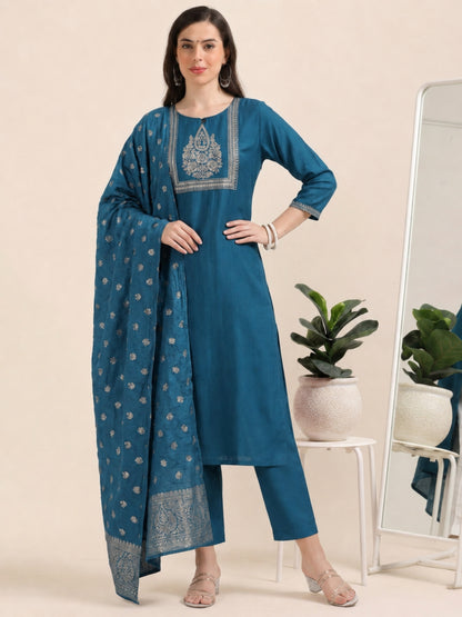 Blue Bash – Raw Cotton & Banarasi Silk-Blend 3-Piece Set (1NH-6-C10)