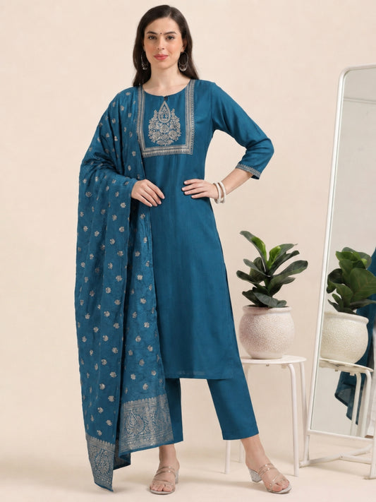 Blue Bash – Raw Cotton & Banarasi Silk-Blend 3-Piece Set (1NH-6-C10)