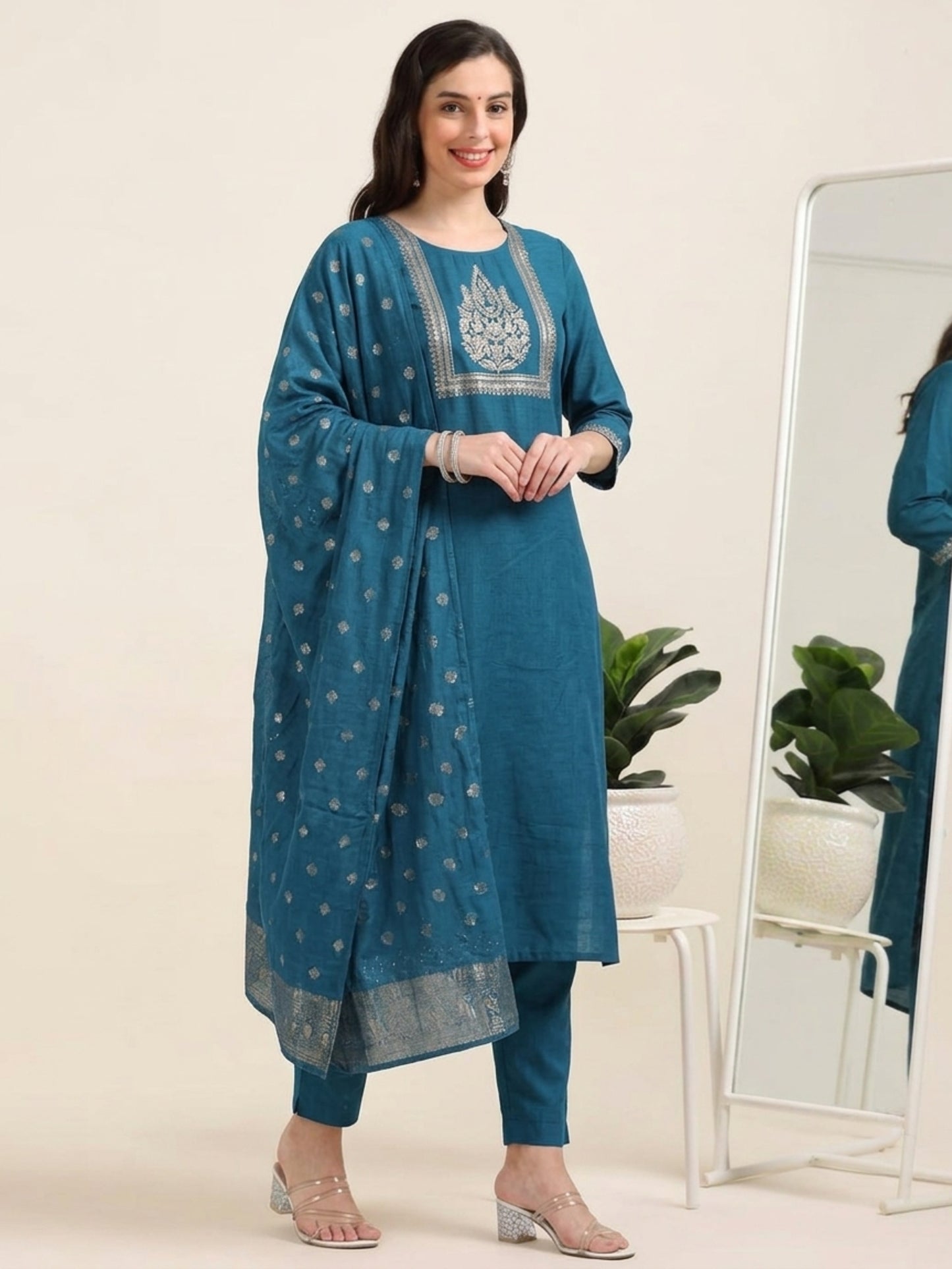 Blue Bash – Raw Cotton & Banarasi Silk-Blend 3-Piece Set (1NH-6-C10)