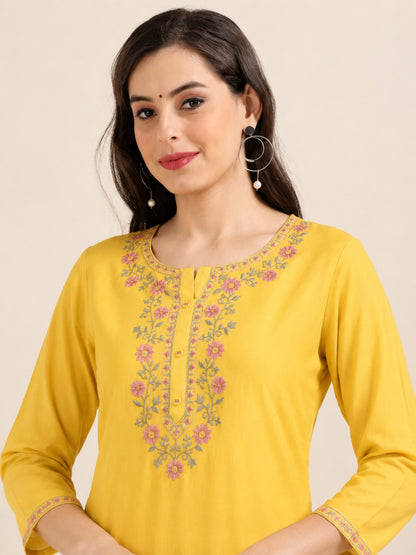 Yellow Sunny Bloom – Embroidered Short Cotton Kurti (2PS-4-A1)