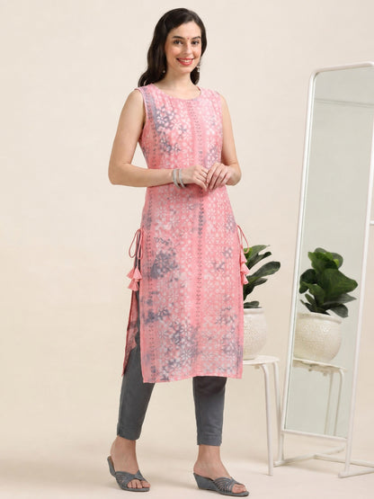 Pink Power Drip – Sleeveless Shibori Silk-Blend Kurti (1JD-2-A3b)