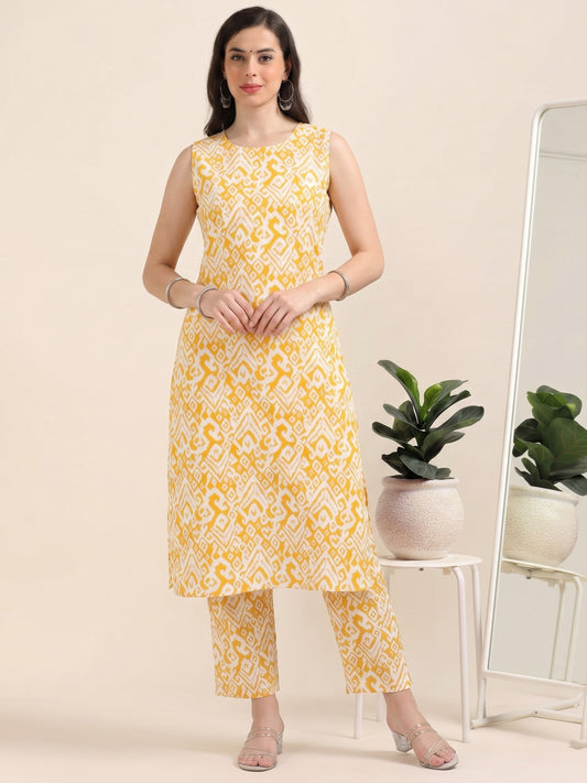 Ochre Aura – Sleeveless Printed Cotton Co-ord Set (2DF-4-B13)