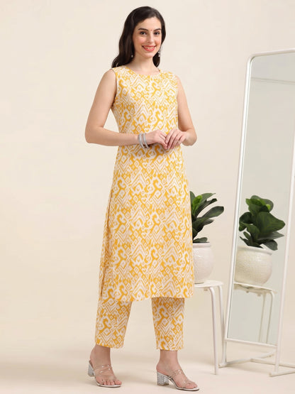 Ochre Aura – Sleeveless Printed Cotton Co-ord Set (2DF-4-B13)