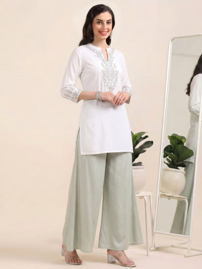 White Silver Charm – Embroidered Short Cotton Kurti (2PS-9-A6)