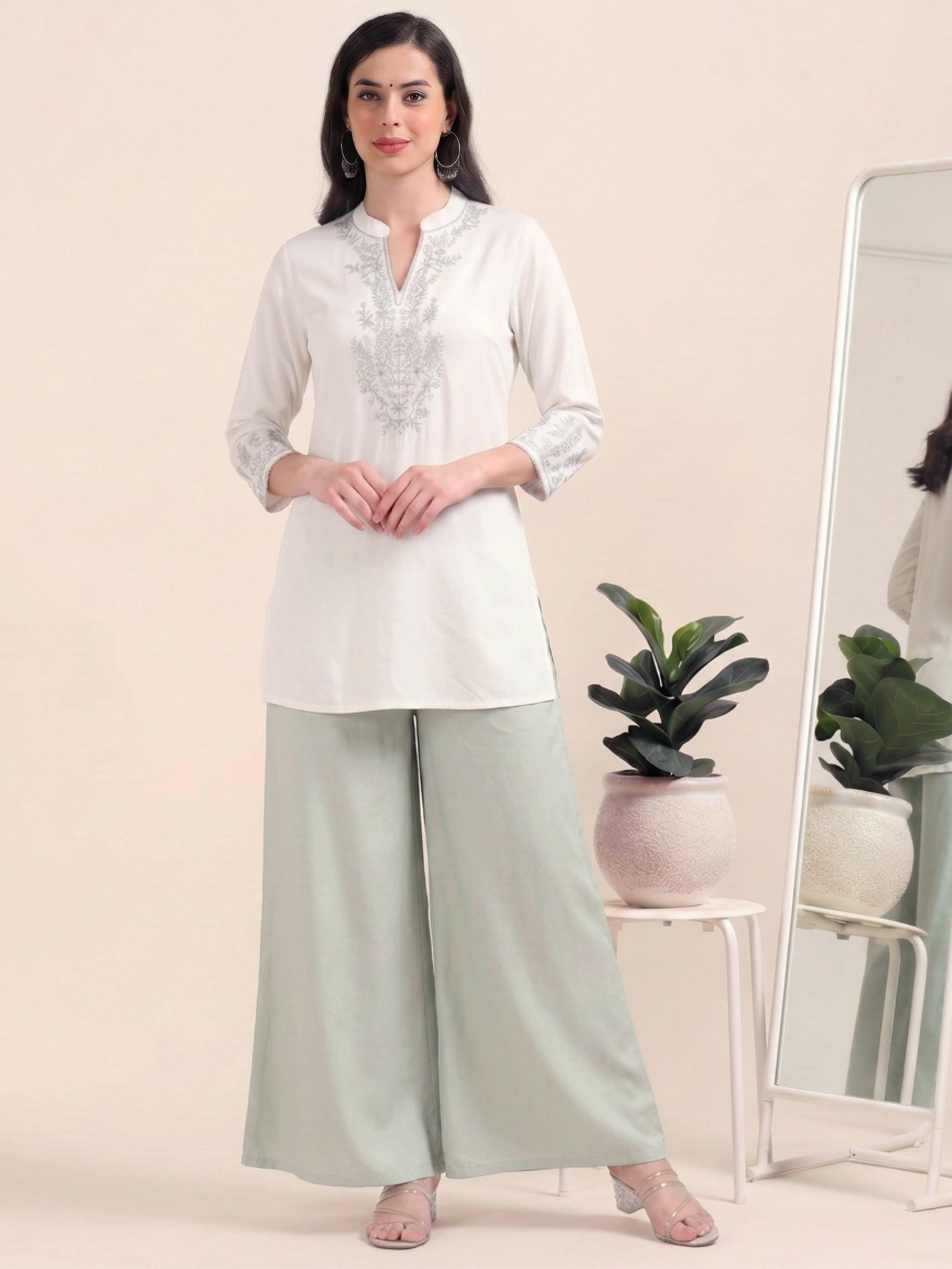 White Silver Charm – Embroidered Short Cotton Kurti (2PS-9-A6)