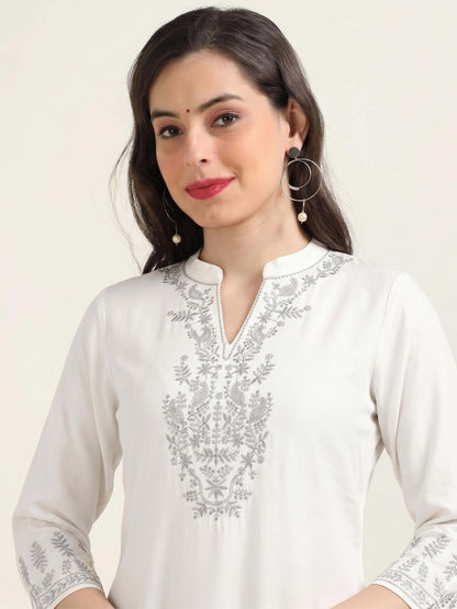 White Silver Charm – Embroidered Short Cotton Kurti (2PS-9-A6)