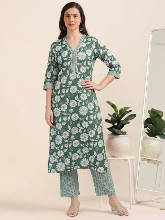 Bottle Green Flag – Lace & Pearl Detailed Printed 2-Piece Set (2FW-5-B3)