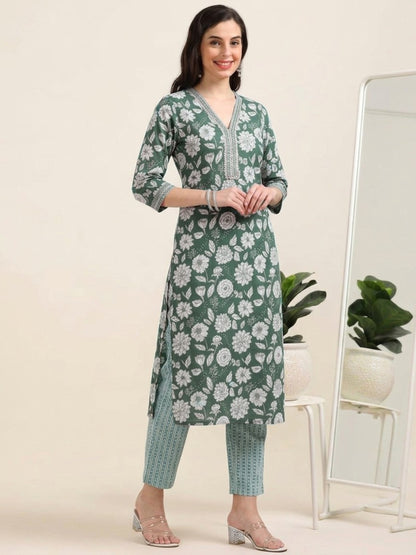 Bottle Green Flag – Lace & Pearl Detailed Printed 2-Piece Set (2FW-5-B3)
