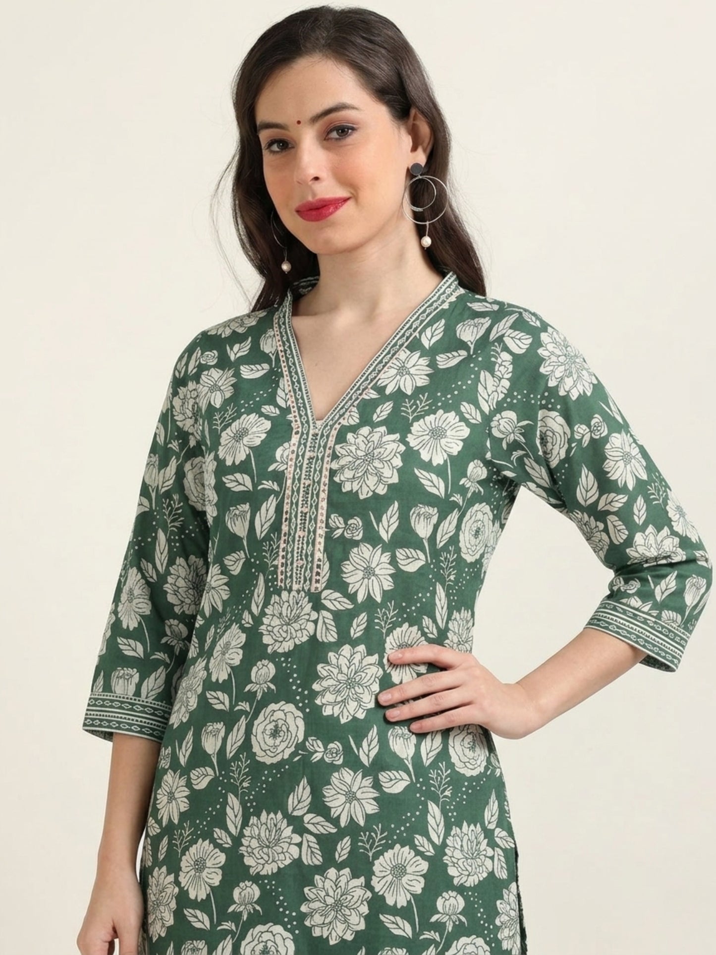 Bottle Green Flag – Lace & Pearl Detailed Printed 2-Piece Set (2FW-5-B3)