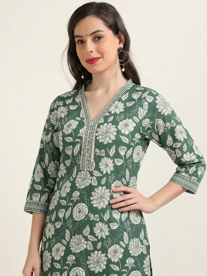 Bottle Green Flag – Lace & Pearl Detailed Printed 2-Piece Set (2FW-5-B3)