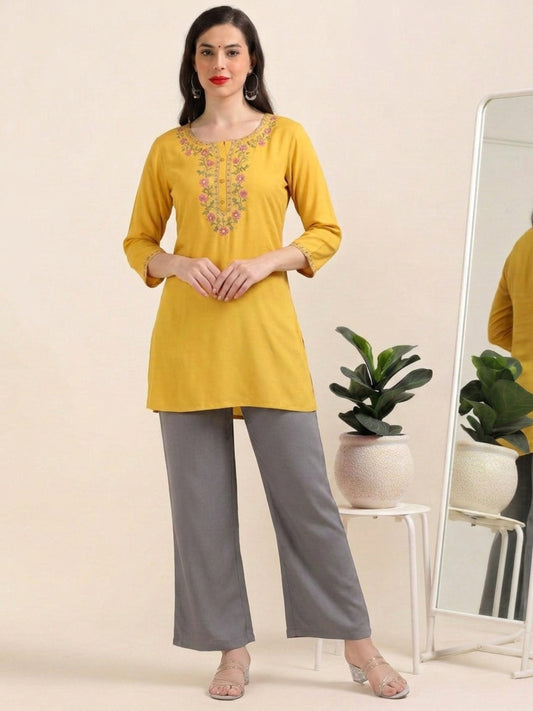 Yellow Sunny Bloom – Embroidered Short Cotton Kurti (2PS-4-A1)