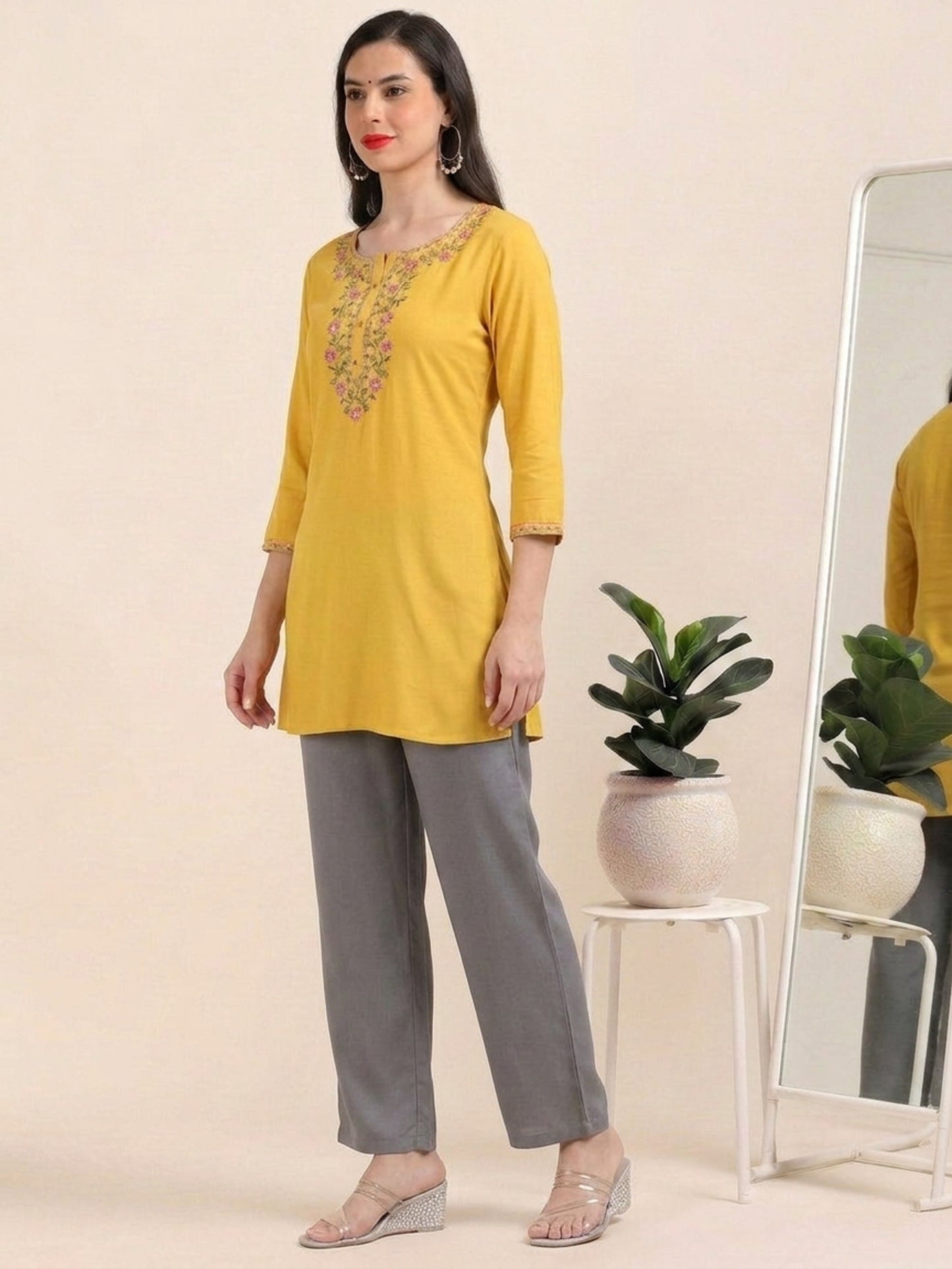Yellow Sunny Bloom – Embroidered Short Cotton Kurti (2PS-4-A1)