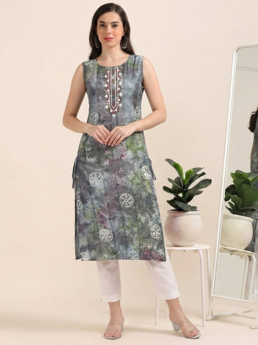 Mystic Teal Swirl – Shibori Silk-Blend Sleeveless Kurti (1JD-5-A4)