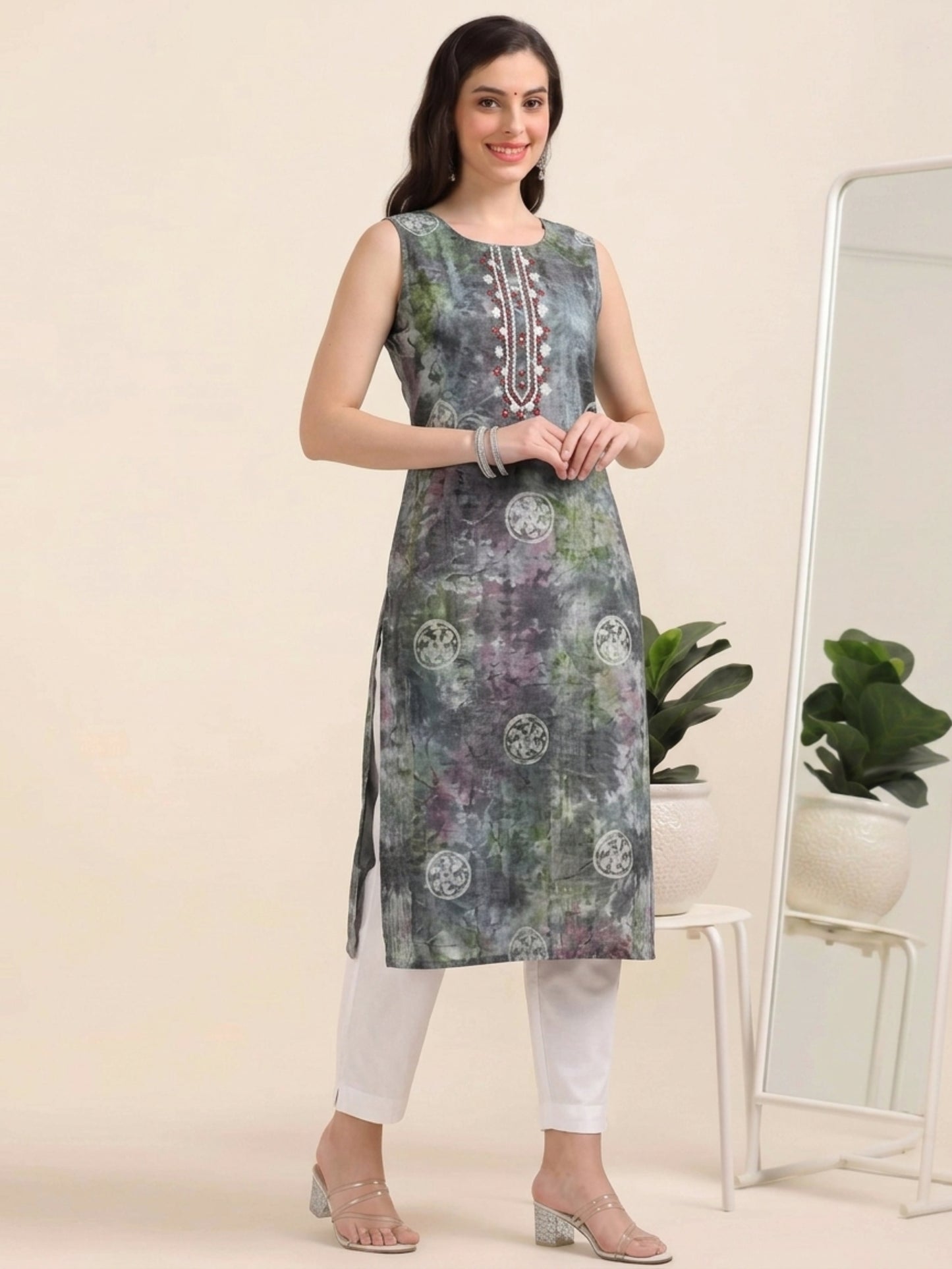 Mystic Teal Swirl – Shibori Silk-Blend Sleeveless Kurti (1JD-5-A4)