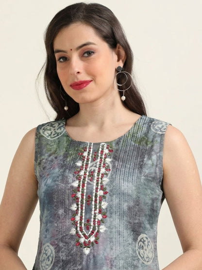 Mystic Teal Swirl – Shibori Silk-Blend Sleeveless Kurti (1JD-5-A4)