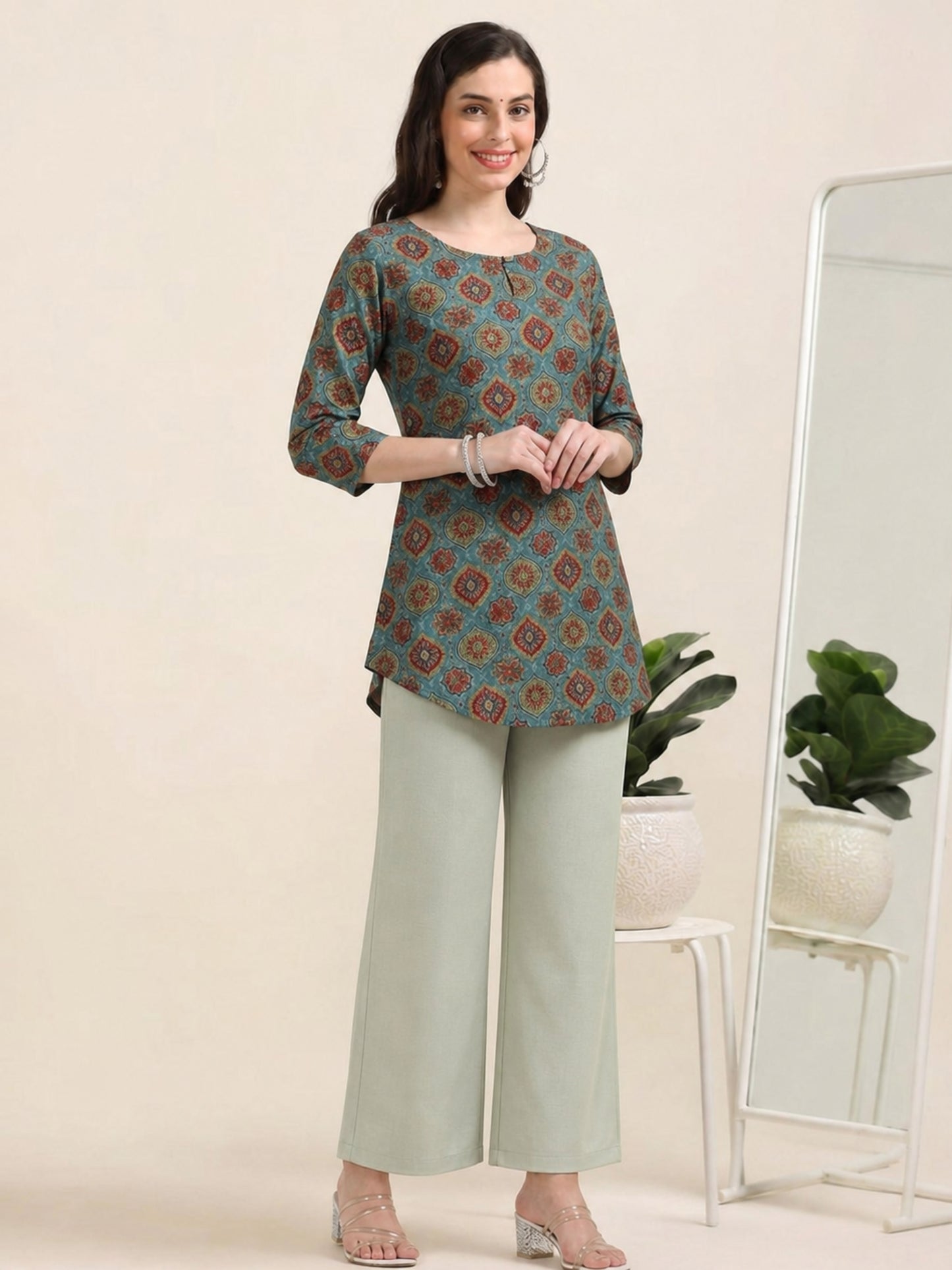 Skyline Charm – Printed Short Blue Cotton Kurti (1NH-6-A16)
