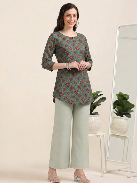 Skyline Charm – Printed Short Blue Cotton Kurti (1NH-6-A16)