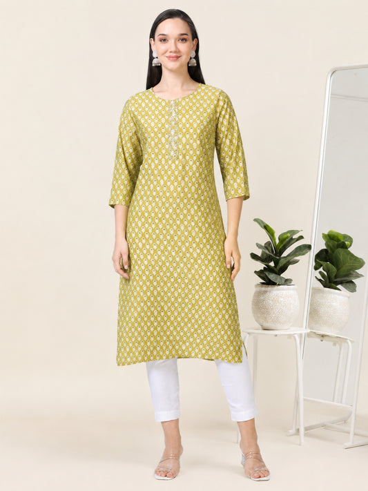 Olive Muse – Light Olive Printed Cotton Kurti with Cutdana Work (2AA-5-A7)