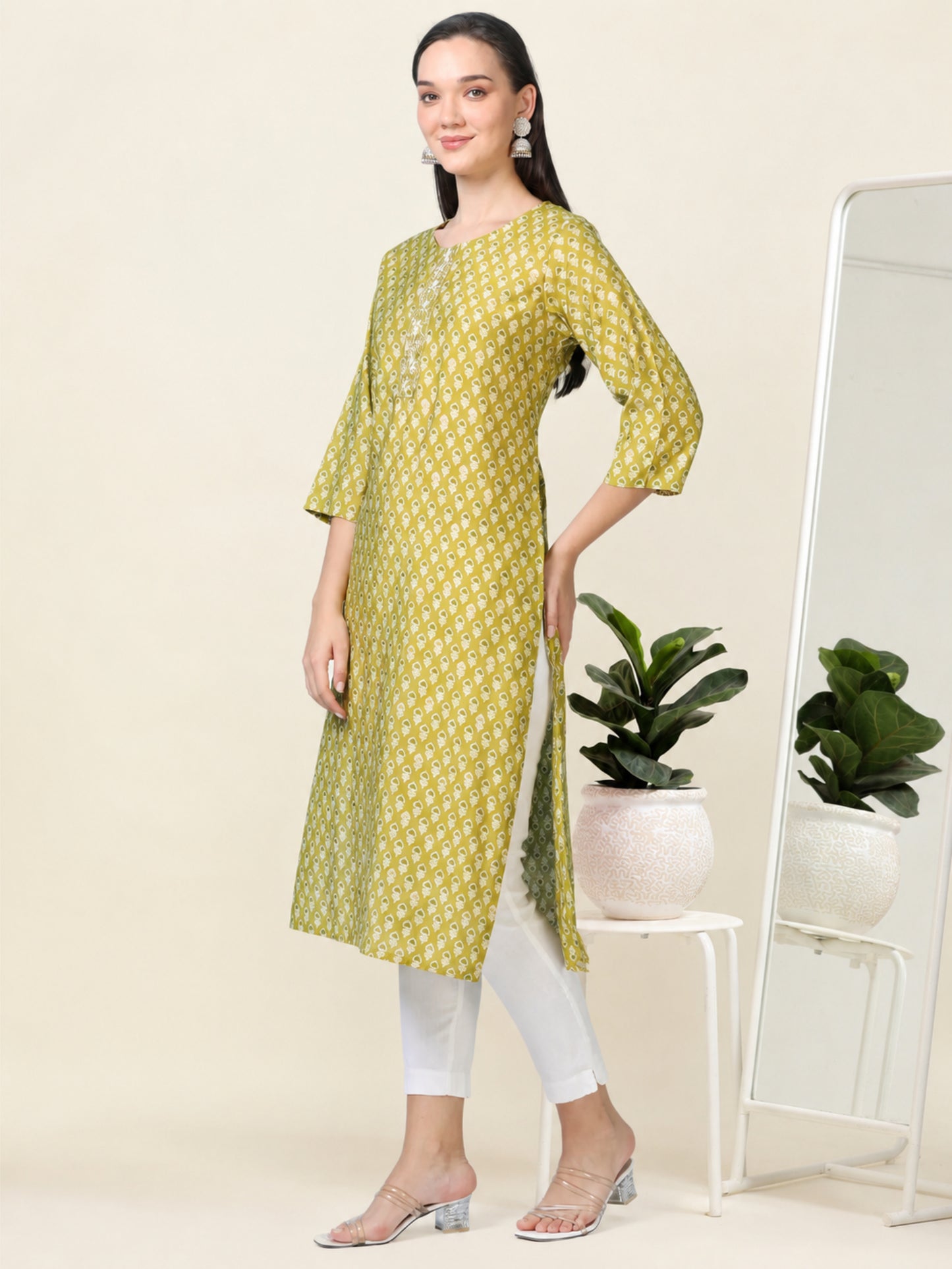 Olive Muse – Light Olive Printed Cotton Kurti with Cutdana Work (2AA-5-A7)