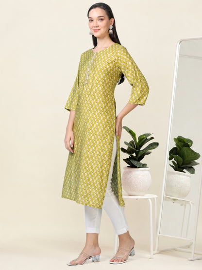 Olive Muse – Light Olive Printed Cotton Kurti with Cutdana Work (2AA-5-A7)