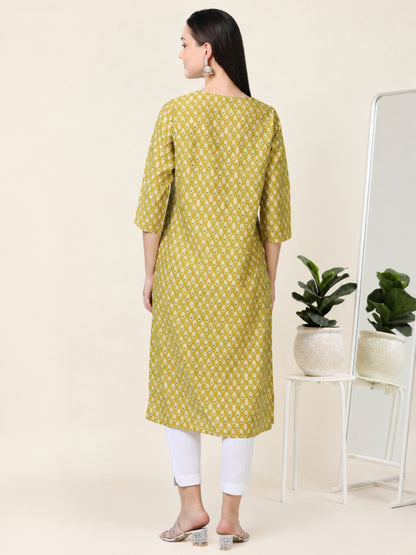 Olive Muse – Light Olive Printed Cotton Kurti with Cutdana Work (2AA-5-A7)
