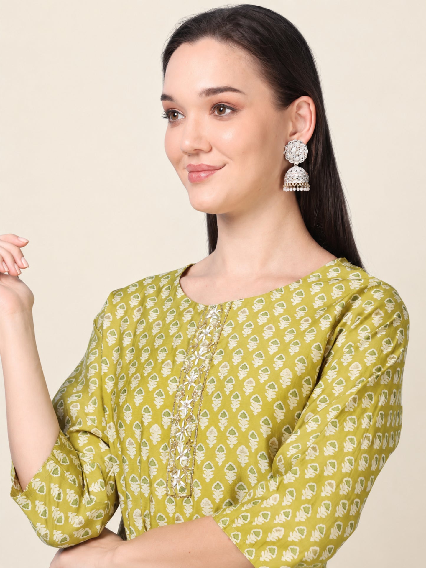 Olive Muse – Light Olive Printed Cotton Kurti with Cutdana Work (2AA-5-A7)