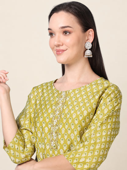 Olive Muse – Light Olive Printed Cotton Kurti with Cutdana Work (2AA-5-A7)