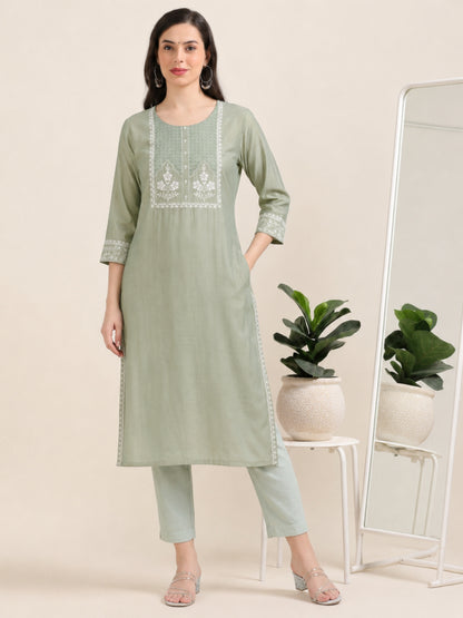 Olive Ease – Light Olive Threadwork Kurti (2AA-5-A10)