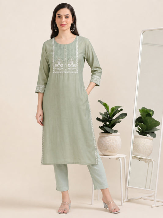 Olive Ease – Light Olive Threadwork Kurti (2AA-5-A10)