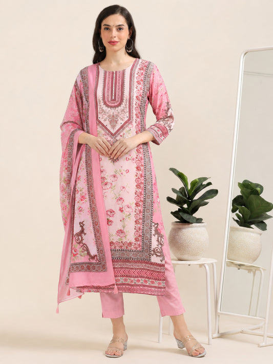 Print Paradise – Pink Viscose-Cotton Digital Print 3-Piece Set (1KI-2-C9)