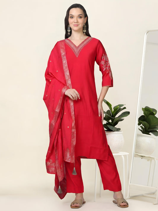 Red Hour – Raw Cotton & Banarasi Silk-Blend 3-Piece Set (1NH-2-C11)