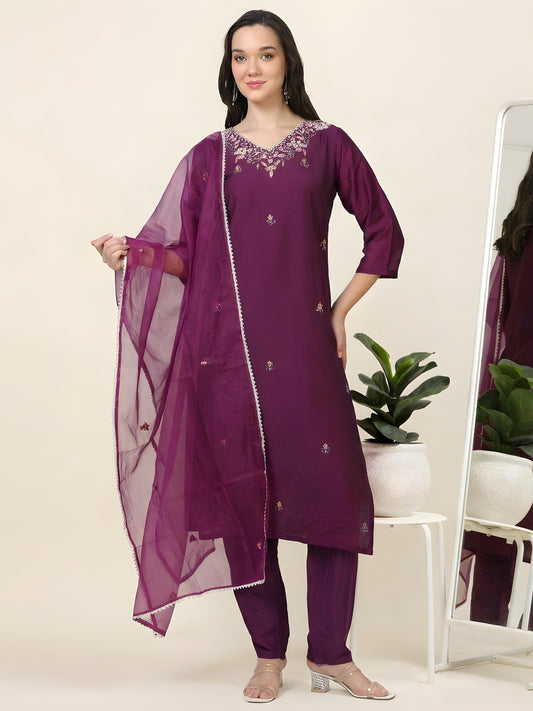 Royal Violet Whisper – Hand-Embroidered 3-Piece Set with Organza Dupatta (2AA-7-C2)