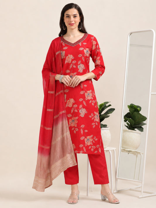 Scarlet Soirée – Red Printed Viscose-Cotton 3-Piece Set (1KI-2-C1)