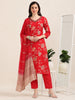 Scarlet Soirée – Red Printed Viscose-Cotton 3-Piece Set (1KI-2-C1)
