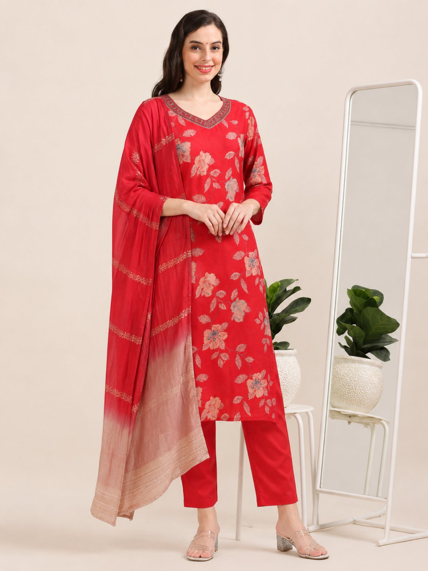 Scarlet Soirée – Red Printed Viscose-Cotton 3-Piece Set (1KI-2-C1)