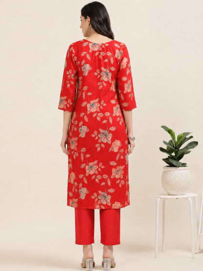 Scarlet Soirée – Red Printed Viscose-Cotton 3-Piece Set (1KI-2-C1)