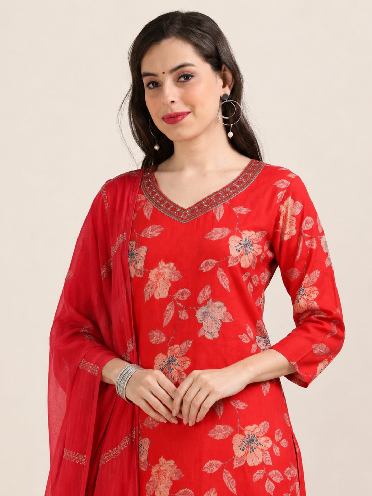 Scarlet Soirée – Red Printed Viscose-Cotton 3-Piece Set (1KI-2-C1)