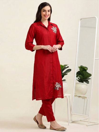 Crimson Crush – Red Satin Silk-Blend Shirt Style Co-ord Set (1KB-2-B3)