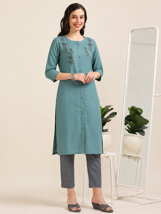Teal Tadka – Shirt-Style Embroidered Kurti (1KB-6-A11)