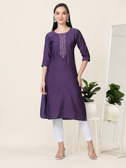 Wine Whisper – Embroidered Cotton Straight Kurti (1JD-7-A9)