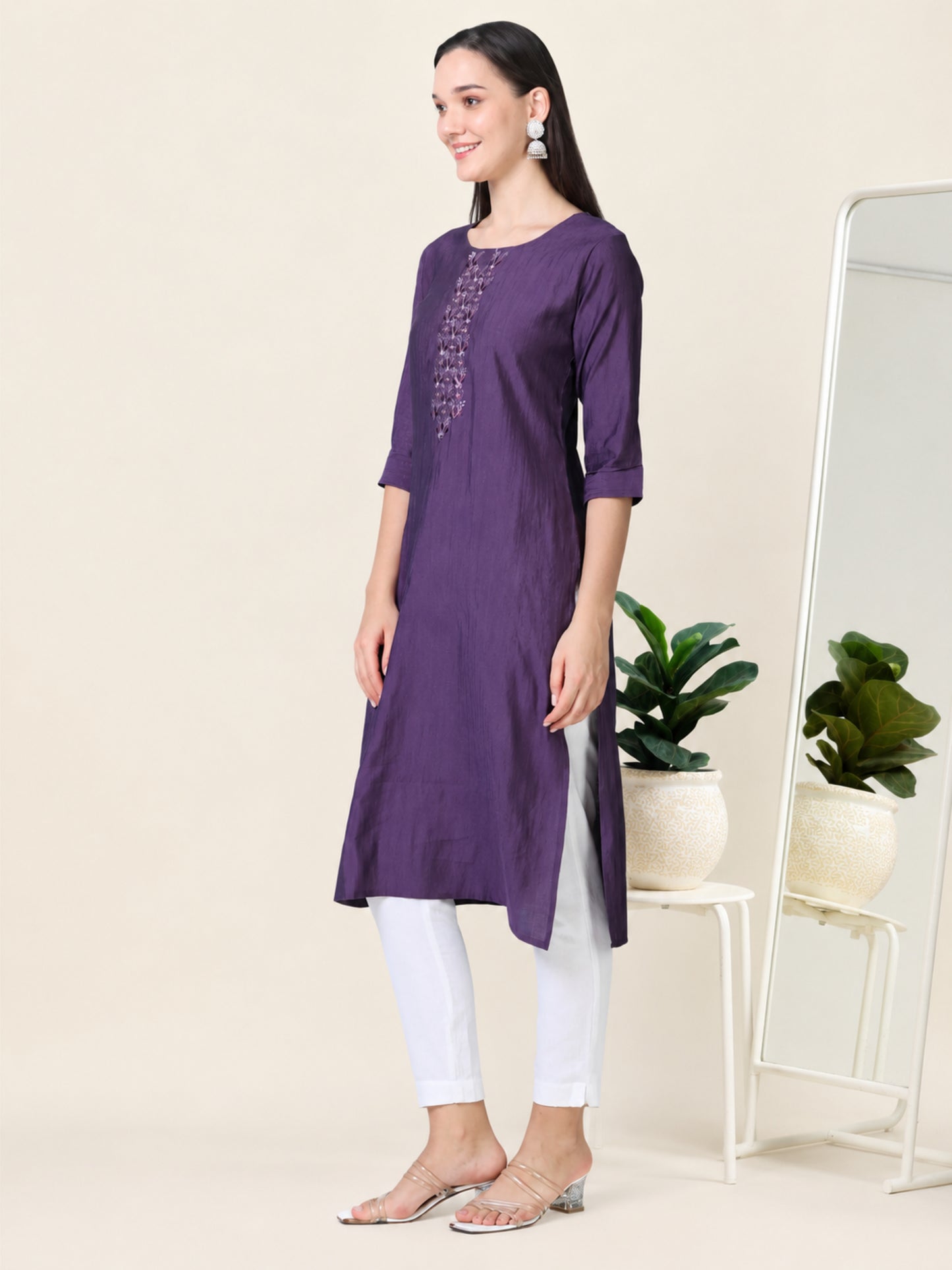 Wine Whisper – Embroidered Cotton Straight Kurti (1JD-7-A9)